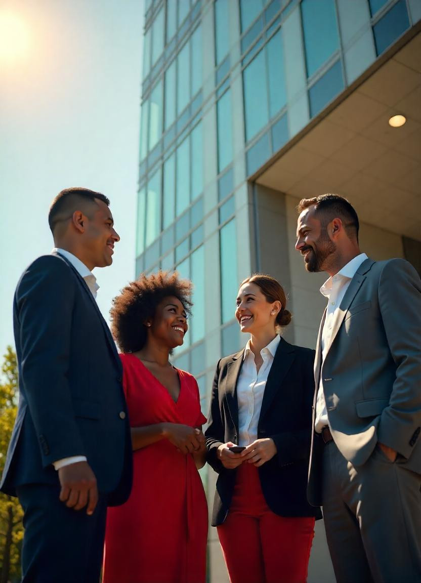 Colleagues talking outside an office building